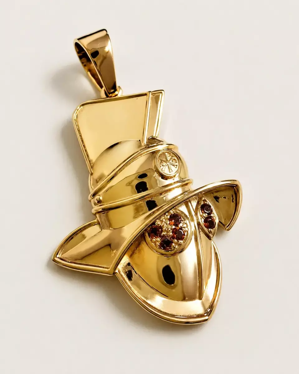 Gold sculptural mask pendant with stones